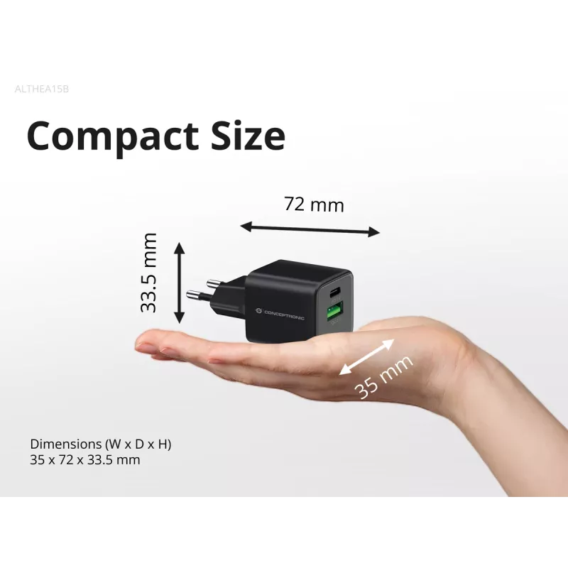 Conceptronic 2-Port 20W GaN USB PD Charger, USB-C x 1, USB-A x 1, QC 3.0, PPS