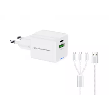Conceptronic 2-Port 33W GaN USB PD Charger with 3-in-1 Charging Cable, USB-C x 1, USB-A x 1, QC 3.0, PPS