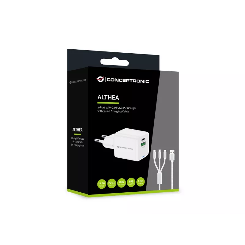 Conceptronic 2-Port 33W GaN USB PD Charger with 3-in-1 Charging Cable, USB-C x 1, USB-A x 1, QC 3.0, PPS