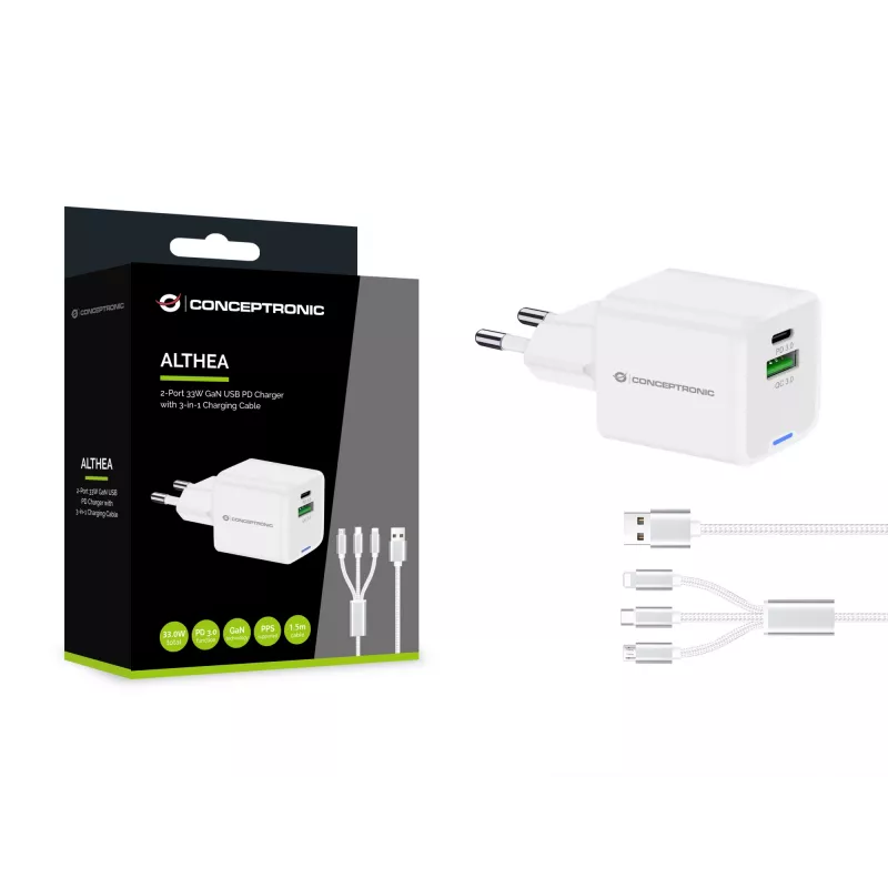 Conceptronic 2-Port 33W GaN USB PD Charger with 3-in-1 Charging Cable, USB-C x 1, USB-A x 1, QC 3.0, PPS