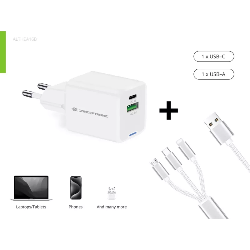 Conceptronic 2-Port 33W GaN USB PD Charger with 3-in-1 Charging Cable, USB-C x 1, USB-A x 1, QC 3.0, PPS