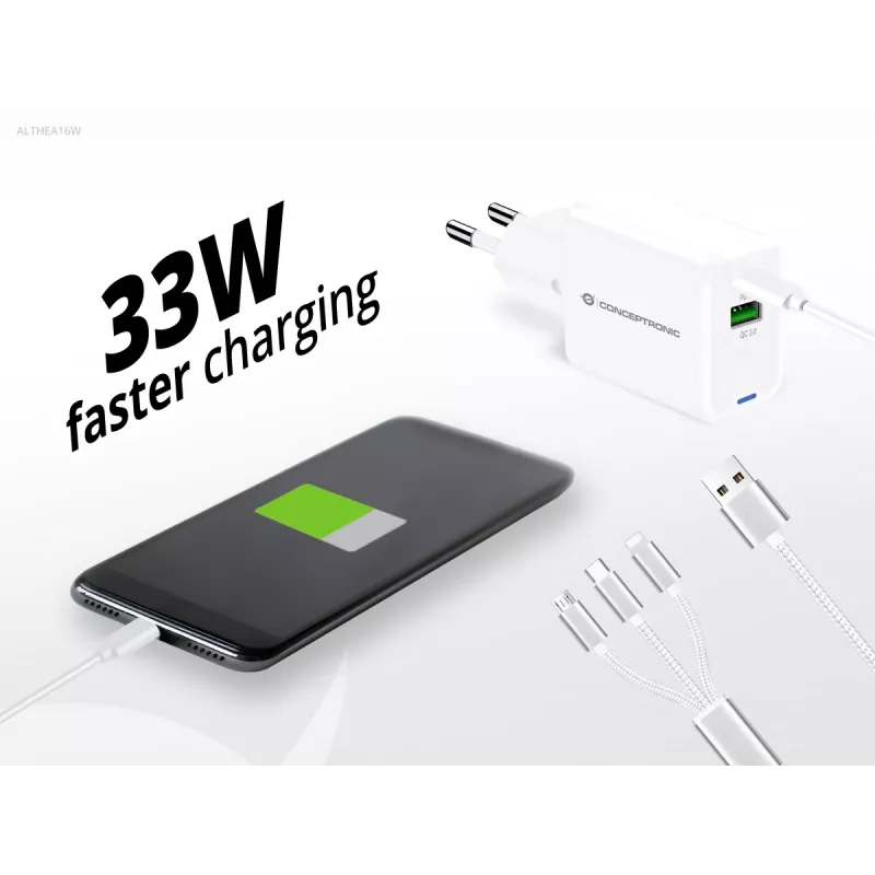 Conceptronic 2-Port 33W GaN USB PD Charger with 3-in-1 Charging Cable, USB-C x 1, USB-A x 1, QC 3.0, PPS
