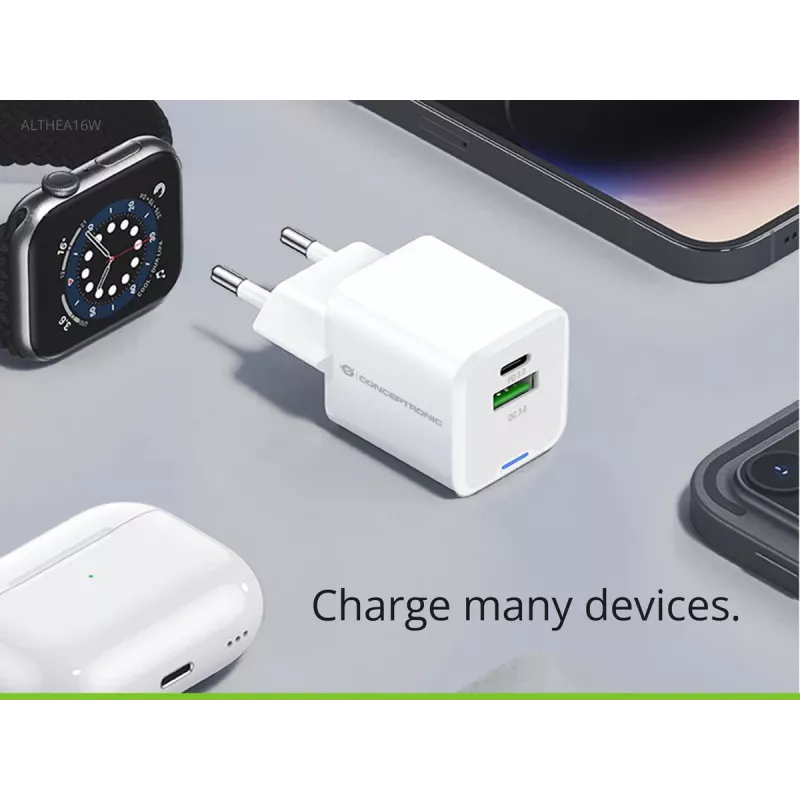 Conceptronic 2-Port 33W GaN USB PD Charger with 3-in-1 Charging Cable, USB-C x 1, USB-A x 1, QC 3.0, PPS