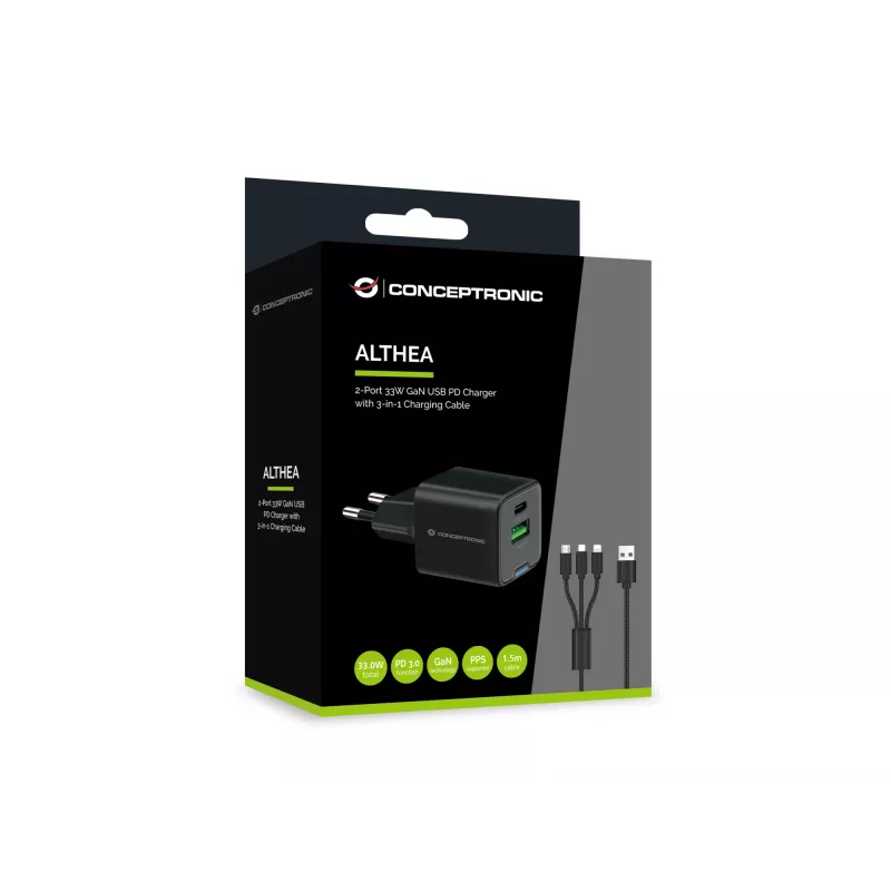 Conceptronic 2-Port 33W GaN USB PD Charger with 3-in-1 Charging Cable, USB-C x 1, USB-A x 1, QC 3.0, PPS