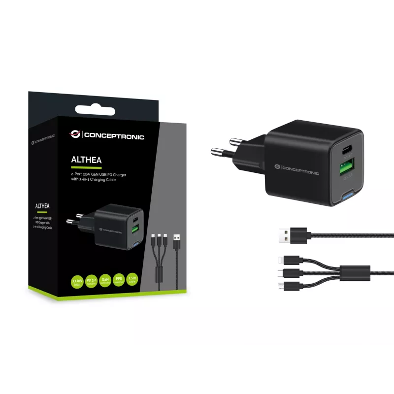 Conceptronic 2-Port 33W GaN USB PD Charger with 3-in-1 Charging Cable, USB-C x 1, USB-A x 1, QC 3.0, PPS