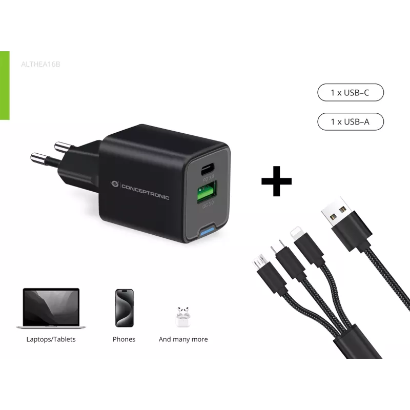 Conceptronic 2-Port 33W GaN USB PD Charger with 3-in-1 Charging Cable, USB-C x 1, USB-A x 1, QC 3.0, PPS