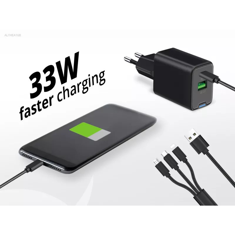 Conceptronic 2-Port 33W GaN USB PD Charger with 3-in-1 Charging Cable, USB-C x 1, USB-A x 1, QC 3.0, PPS