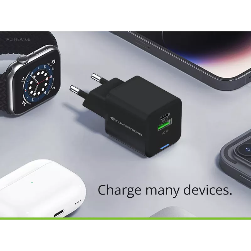 Conceptronic 2-Port 33W GaN USB PD Charger with 3-in-1 Charging Cable, USB-C x 1, USB-A x 1, QC 3.0, PPS