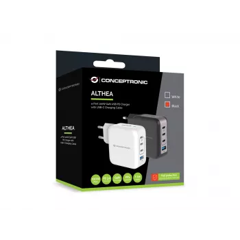 Conceptronic 4-Port 100W GaN USB PD Charger with USB-C Charging Cable, USB-C x 3, USB-A x 1, QC 3.0, PPS