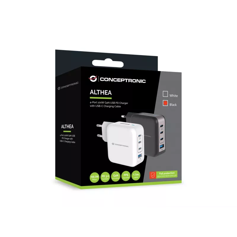 Conceptronic 4-Port 100W GaN USB PD Charger with USB-C Charging Cable, USB-C x 3, USB-A x 1, QC 3.0, PPS
