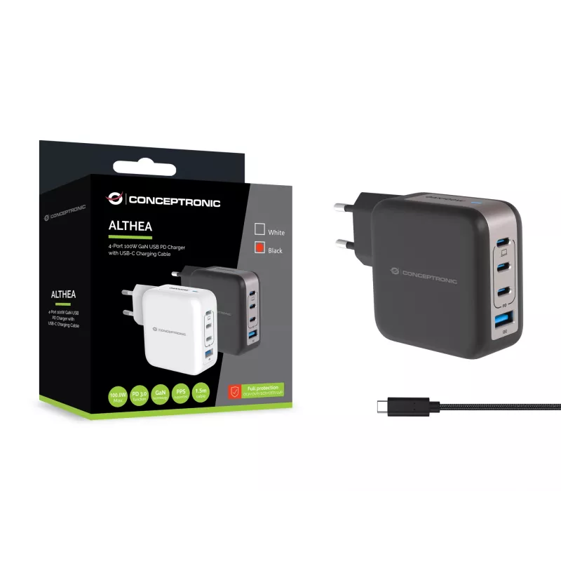 Conceptronic 4-Port 100W GaN USB PD Charger with USB-C Charging Cable, USB-C x 3, USB-A x 1, QC 3.0, PPS