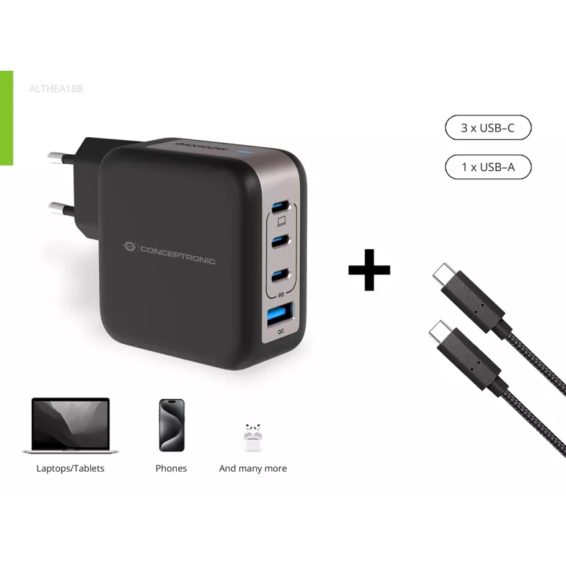 Conceptronic 4-Port 100W GaN USB PD Charger with USB-C Charging Cable, USB-C x 3, USB-A x 1, QC 3.0, PPS