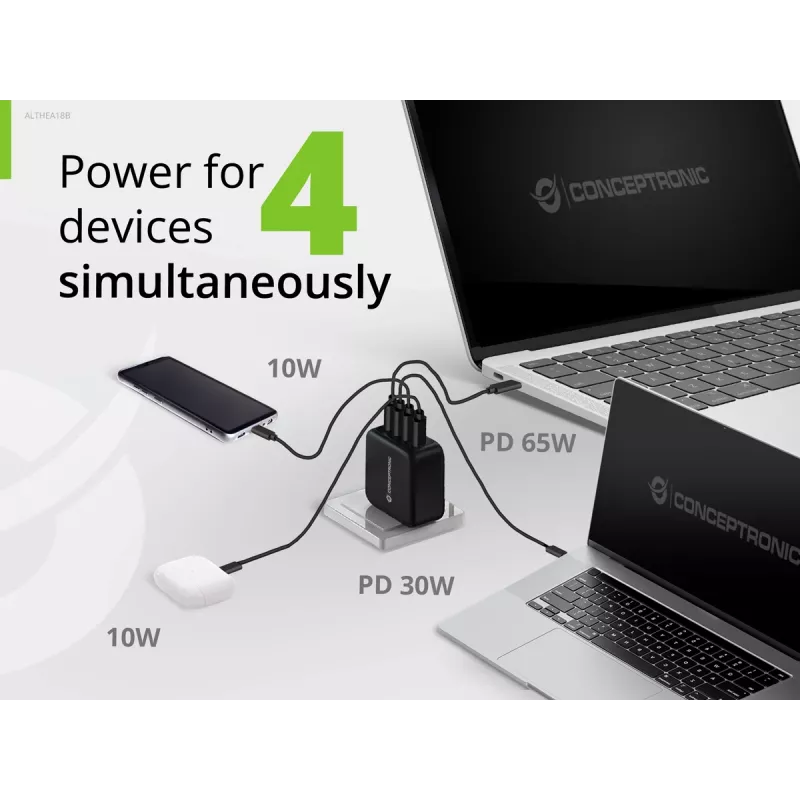 Conceptronic 4-Port 100W GaN USB PD Charger with USB-C Charging Cable, USB-C x 3, USB-A x 1, QC 3.0, PPS