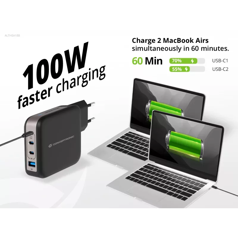 Conceptronic 4-Port 100W GaN USB PD Charger with USB-C Charging Cable, USB-C x 3, USB-A x 1, QC 3.0, PPS