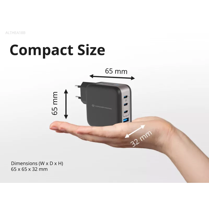 Conceptronic 4-Port 100W GaN USB PD Charger with USB-C Charging Cable, USB-C x 3, USB-A x 1, QC 3.0, PPS