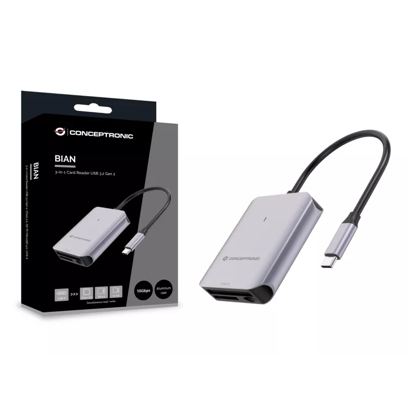 Conceptronic BIAN09G 3-in-1 Card Reader USB 3.2 Gen 2, CFast 2.0, SD TF/MicroSD 4.0, UHS-II