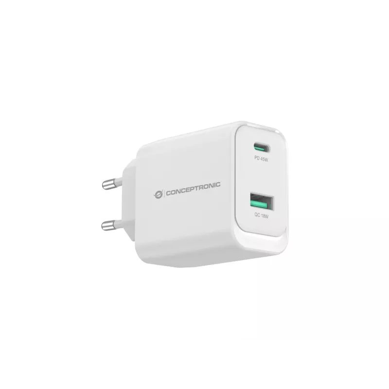 Conceptronic ALTHEA20W45 2-Port 45W GaN USB PD Charger, USB-C x 1, USB-A x 1, QC 3.0, PPS, PD 3.0