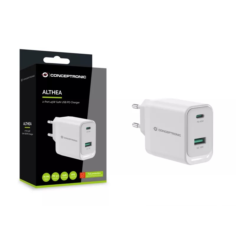 Conceptronic ALTHEA20W45 2-Port 45W GaN USB PD Charger, USB-C x 1, USB-A x 1, QC 3.0, PPS, PD 3.0