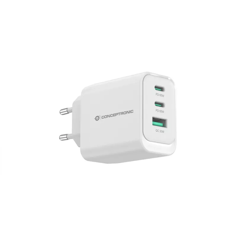 Conceptronic ALTHEA21W65 3-Port 65W GaN USB PD Charger, USB-C x 2, USB-A x 1, QC 3.0, PPS, PD 3.0