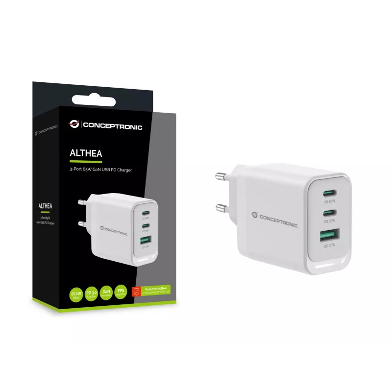 Conceptronic ALTHEA21W65 3-Port 65W GaN USB PD Charger, USB-C x 2, USB-A x 1, QC 3.0, PPS, PD 3.0