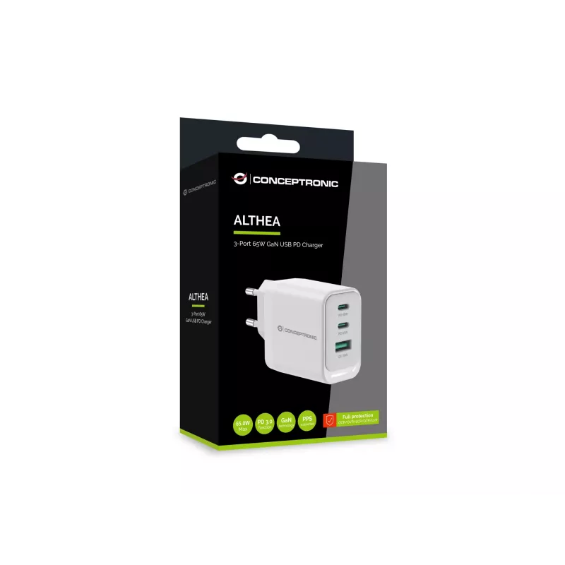 Conceptronic ALTHEA21W65 3-Port 65W GaN USB PD Charger, USB-C x 2, USB-A x 1, QC 3.0, PPS, PD 3.0