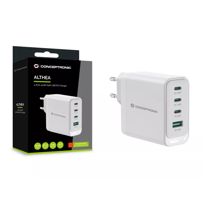 Conceptronic ALTHEA22W100 4-Port 100W GaN USB PD Charger, USB-C x 3, USB-A x 1, QC 3.0, PPS, PD 3.0