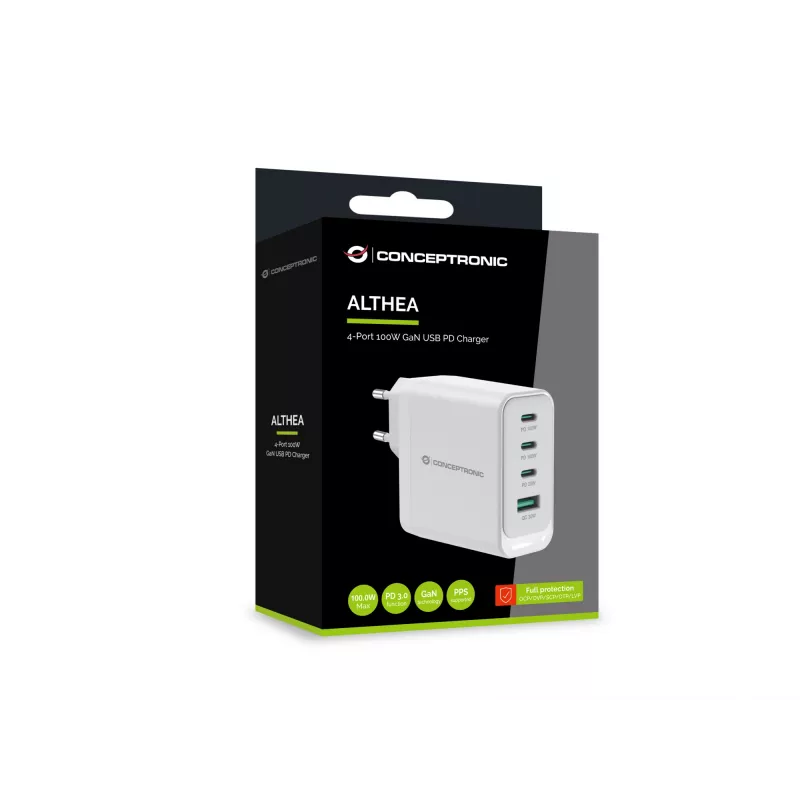 Conceptronic ALTHEA22W100 4-Port 100W GaN USB PD Charger, USB-C x 3, USB-A x 1, QC 3.0, PPS, PD 3.0