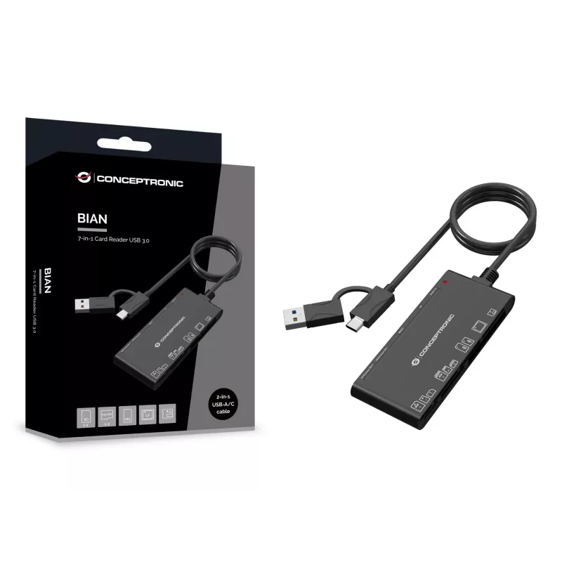 7-in-1 Card Reader CONCEPTRONIC BIAN10B — USB 3.2 Gen 1 Type-A/Type-C, CF/MMC/MS/SD/MicroSD/xD, Black