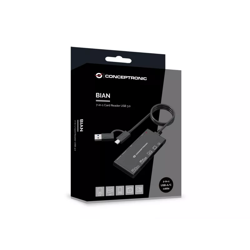 7-in-1 Card Reader CONCEPTRONIC BIAN10B — USB 3.2 Gen 1 Type-A/Type-C, CF/MMC/MS/SD/MicroSD/xD, Black
