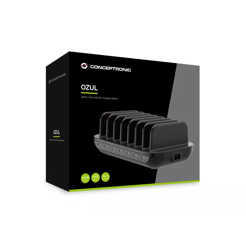 Conceptronic OZUL07B 160W 7-Port USB PD Charging Station, USB-C x 7, PD 3.0