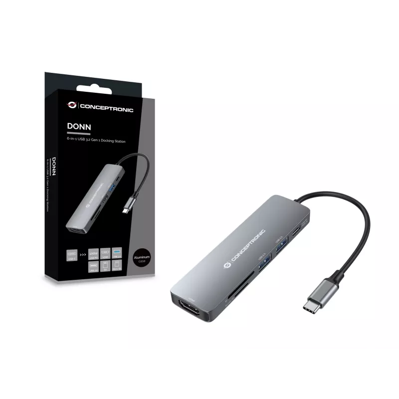 Conceptronic DONN11G 6-in-1 USB 3.2 Gen 1 Docking Station, HDMI, 100W USB PD, USB 3.0, USB 2.0, SD, TF/MicroSD