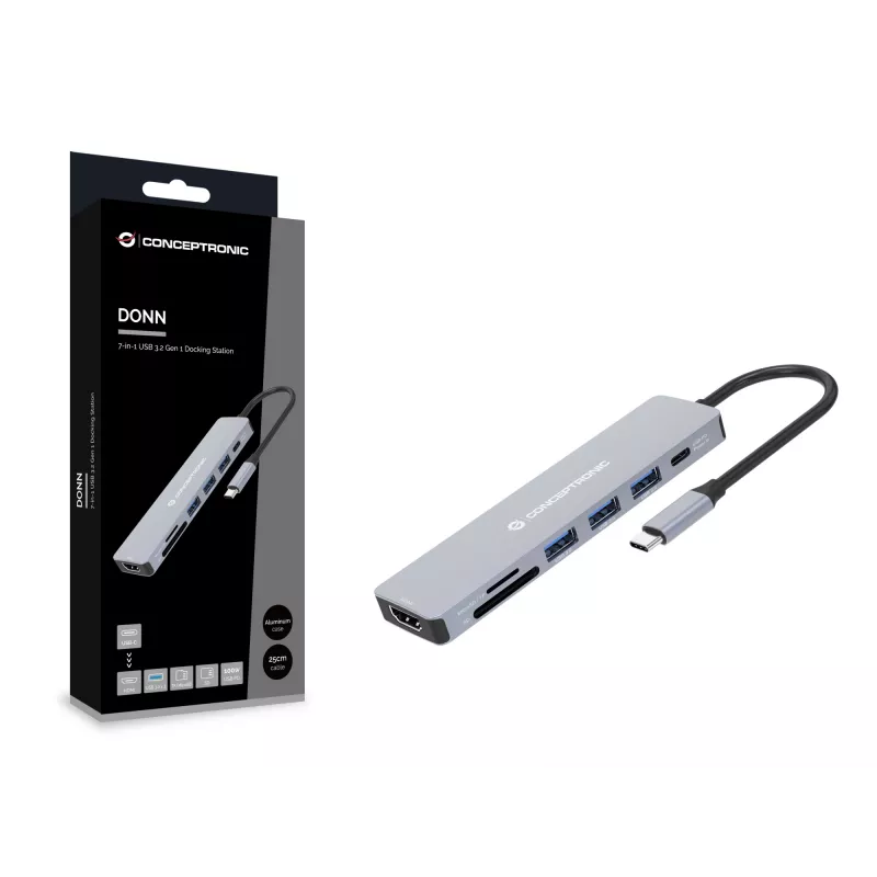 Conceptronic DONN19G 7-in-1 USB 3.2 Gen 1 Docking Station, HDMI, USB-A 3.0 x 3, SD, TF/MicroSD, 100W USB PD
