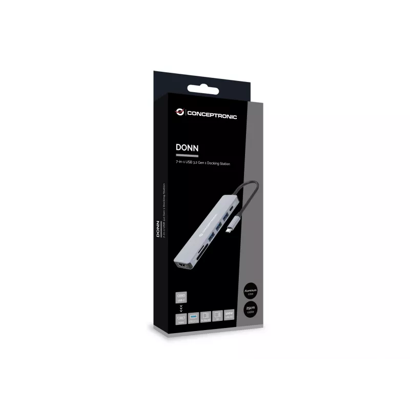 Conceptronic DONN19G 7-in-1 USB 3.2 Gen 1 Docking Station, HDMI, USB-A 3.0 x 3, SD, TF/MicroSD, 100W USB PD