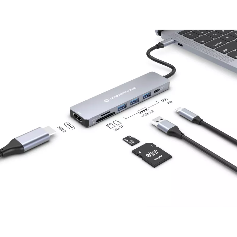 Conceptronic DONN19G 7-in-1 USB 3.2 Gen 1 Docking Station, HDMI, USB-A 3.0 x 3, SD, TF/MicroSD, 100W USB PD