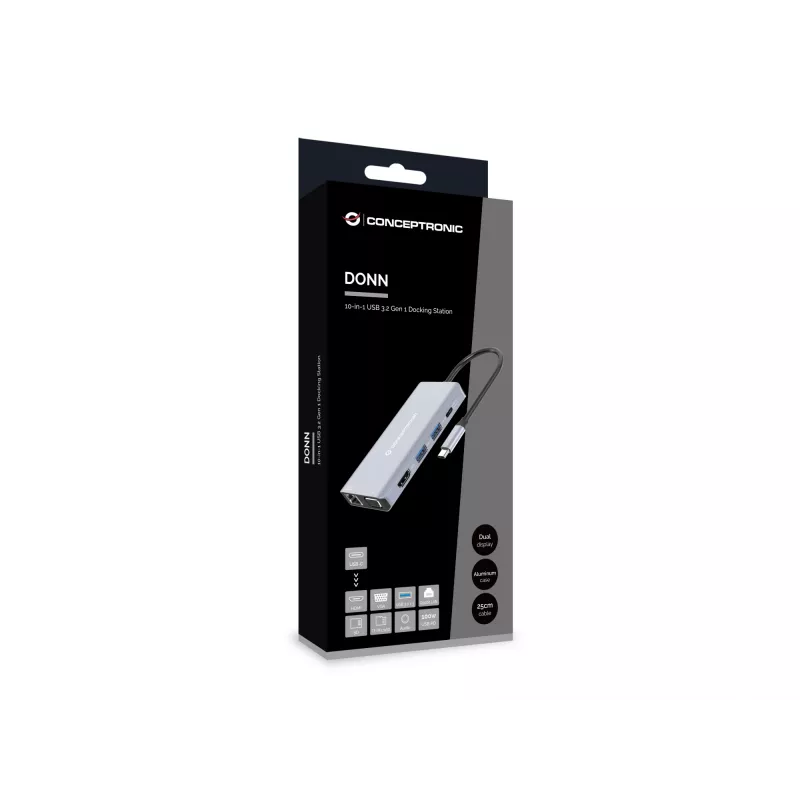 Conceptronic DONN20G 10-in-1 USB 3.2 Gen 1 Docking Station, HDMI, VGA, USB-A 3.0 x 3, SD, TF/MicroSD, Audio, GbE LAN, 100W USB PD