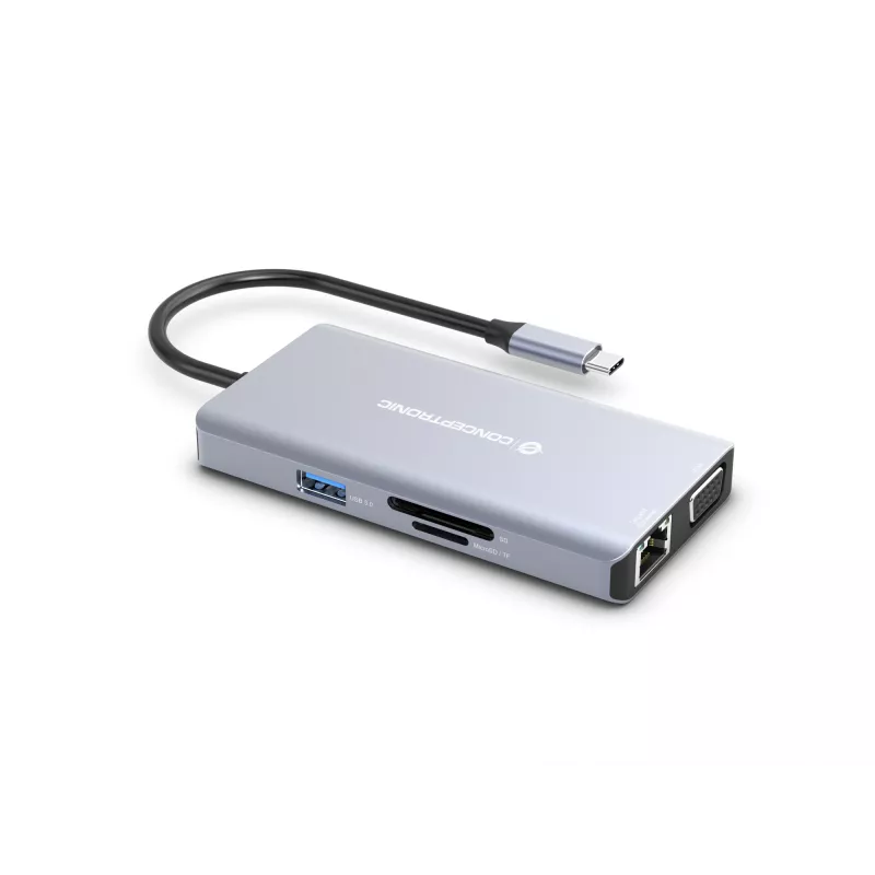 Conceptronic DONN20G 10-in-1 USB 3.2 Gen 1 Docking Station, HDMI, VGA, USB-A 3.0 x 3, SD, TF/MicroSD, Audio, GbE LAN, 100W USB PD