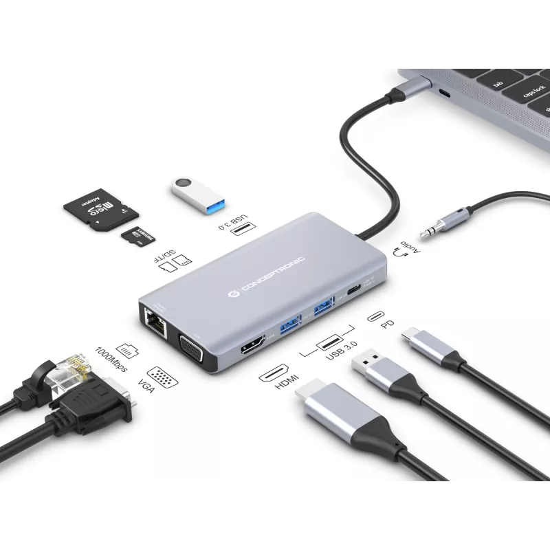 Conceptronic DONN20G 10-in-1 USB 3.2 Gen 1 Docking Station, HDMI, VGA, USB-A 3.0 x 3, SD, TF/MicroSD, Audio, GbE LAN, 100W USB PD