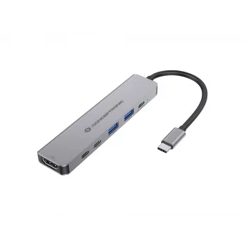 6-in-1 USB 3.2 Gen 1 Docking Station CONCEPTRONIC DONN33G HDMI, 2×USB-A 5Gbps, 2×USB-C 5Gbps, 100W USB PD, Silver
