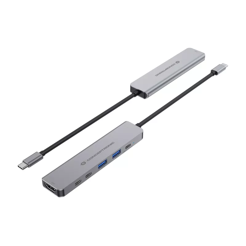 6-in-1 USB 3.2 Gen 1 Docking Station CONCEPTRONIC DONN33G HDMI, 2×USB-A 5Gbps, 2×USB-C 5Gbps, 100W USB PD, Silver