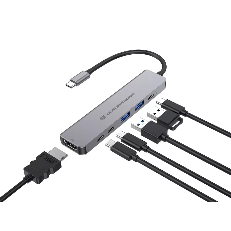 6-in-1 USB 3.2 Gen 1 Docking Station CONCEPTRONIC DONN33G HDMI, 2×USB-A 5Gbps, 2×USB-C 5Gbps, 100W USB PD, Silver