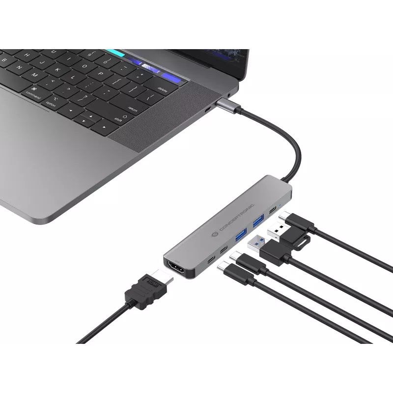 6-in-1 USB 3.2 Gen 1 Docking Station CONCEPTRONIC DONN33G HDMI, 2×USB-A 5Gbps, 2×USB-C 5Gbps, 100W USB PD, Silver