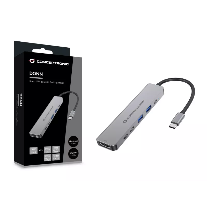 6-in-1 USB 3.2 Gen 1 Docking Station CONCEPTRONIC DONN33G HDMI, 2×USB-A 5Gbps, 2×USB-C 5Gbps, 100W USB PD, Silver