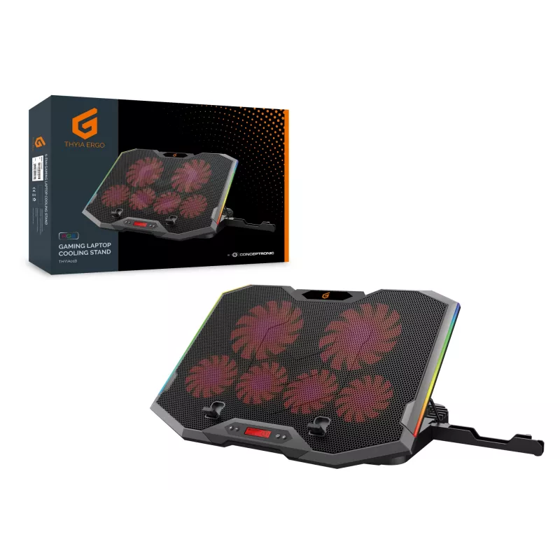 Conceptronic THYIA ERGO 6-Fan Gaming Laptop Cooling Stand, 43.2 cm (17 inch), 6 pc(s), Buttons, Grey, Blue, Green, Red, China