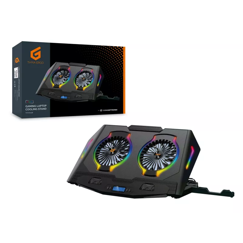Conceptronic THYIA ERGO 2-Fan Gaming Laptop Cooling Stand, 43.2 cm (17 inch), 2 pc(s), Buttons, Black, Blue, Green, Red, China
