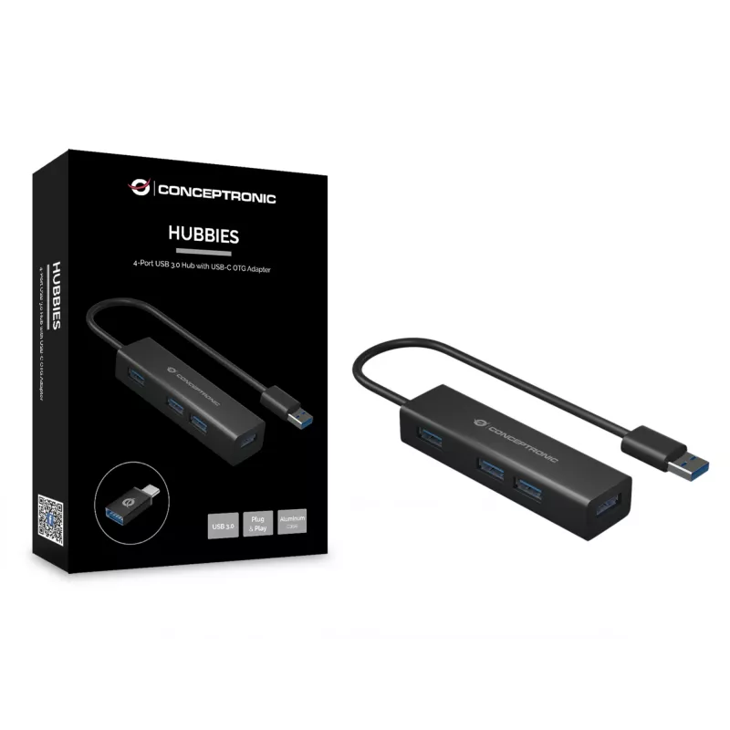 Conceptronic 4-Port USB 3.0 Aluminum Hub with USB-C to USB-A Adapter