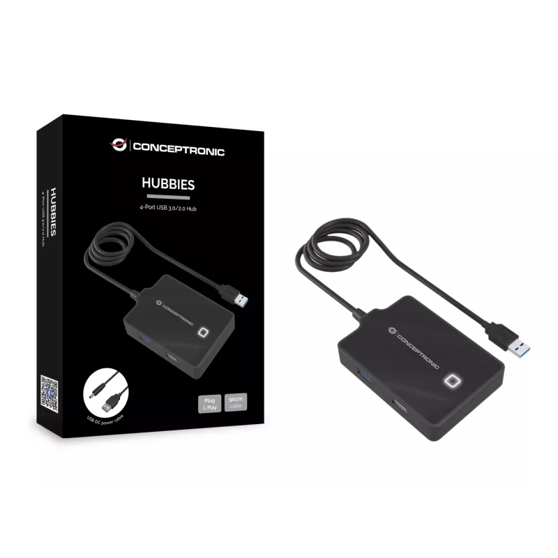 Conceptronic HUBBIES 4-Port USB 3.0/2.0 Hub, 90cm cable, USB 3.2 Gen 1 (3.1 Gen 1) Type-A, Black, USB 2.0, USB 3.2 Gen 1 (3.1 Gen 1) Type-A, China, 87 mm, 55 mm