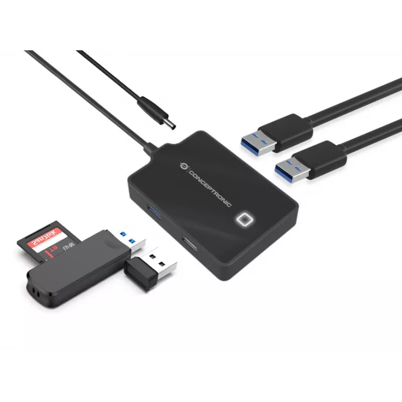 Conceptronic HUBBIES 4-Port USB 3.0/2.0 Hub, 90cm cable, USB 3.2 Gen 1 (3.1 Gen 1) Type-A, Black, USB 2.0, USB 3.2 Gen 1 (3.1 Gen 1) Type-A, China, 87 mm, 55 mm