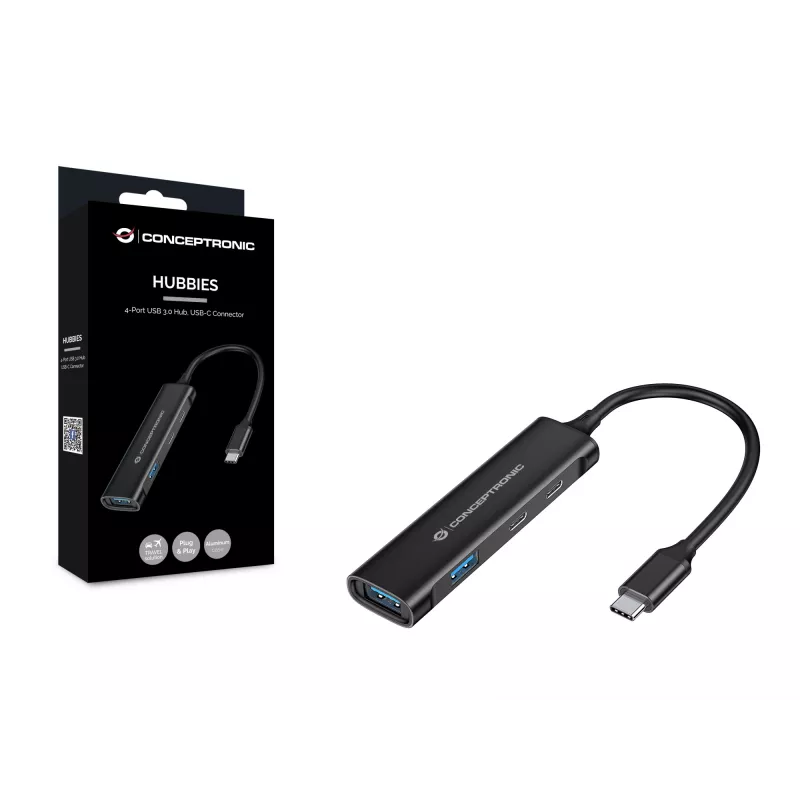 Conceptronic HUBBIES 4-Port USB 3.0 Hub, 2 USB-C & 2 USB-A ports, aluminum case, USB-C connector