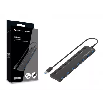 Conceptronic HUBBIES19BP 7-Port USB 3.0 HUB with Power Adapter, 90cm Cable, Individual Power Switch, USB 3.2 Gen 1