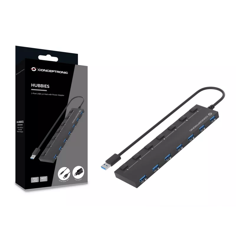 Conceptronic HUBBIES19BP 7-Port USB 3.0 HUB with Power Adapter, 90cm Cable, Individual Power Switch, USB 3.2 Gen 1